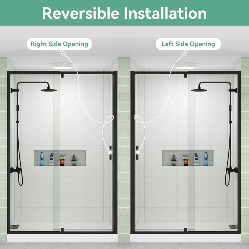 44-48" W X 76" H Frameless Shower Door With 1/4" Clear Tempered Glass, Matte Black