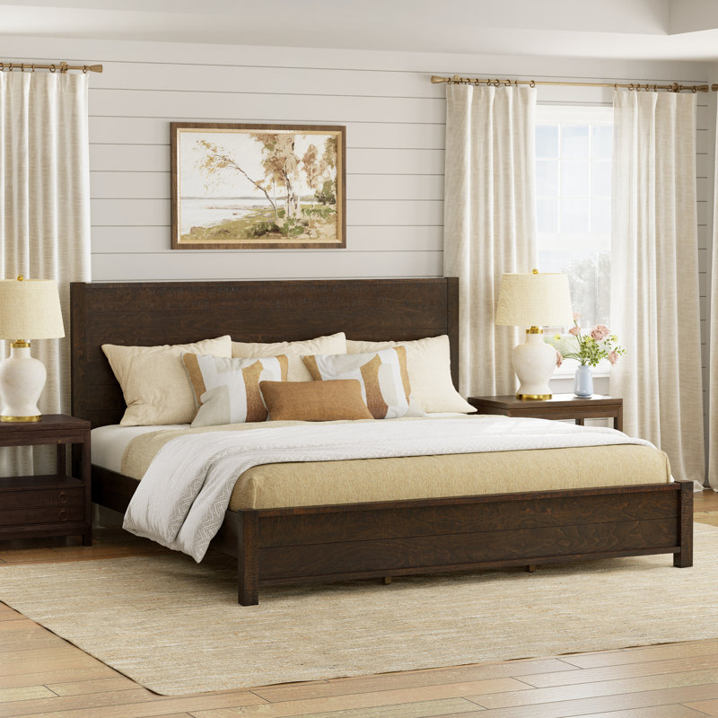 Echo Farmhouse Solid Wood Platform Bed, Distressed Panel Bed Frame, Rustic Country Cottage Style, King, Dark Walnut