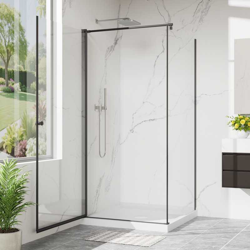 36" W x 36" D x 72" H Frameless Corner Pivot Shower Enclosure with Shower Base, White