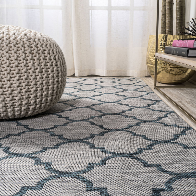 Arabesque Ogee Trellis Gray/Teal Indoor/Outdoor Rug, Rectangle 3'11" x 6'