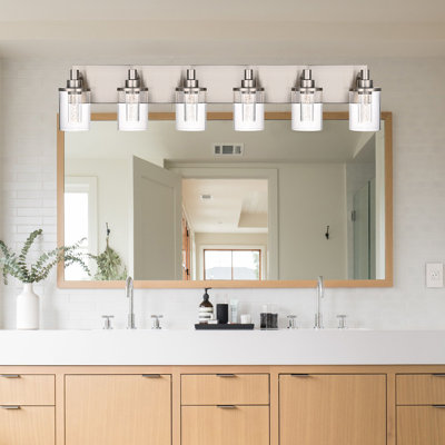 Vanity Light (6-Light), (3000K/3500K/4500K/5000K/6000K, Dimmable), Eye Protection LED Bathroom Light Fixture, Modern Wall Light Over Mirror With Clear Glass Shade