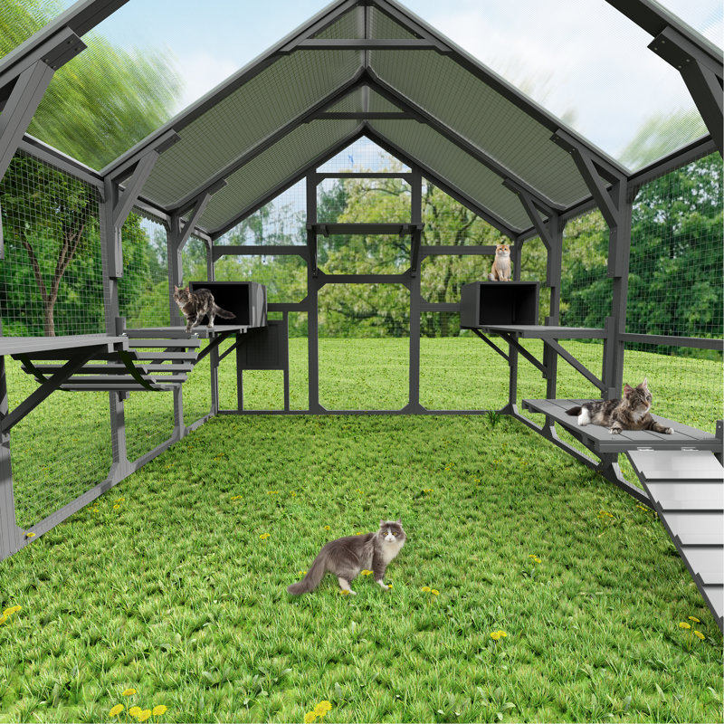 Grand patio pour chat pour plusieurs chats - maison en bois avec 7 plateformes, 2 boîtes de repos, pont, rampe et cage de sécurité, abri de toit gris, caractéristique supplémentaire, matériaux