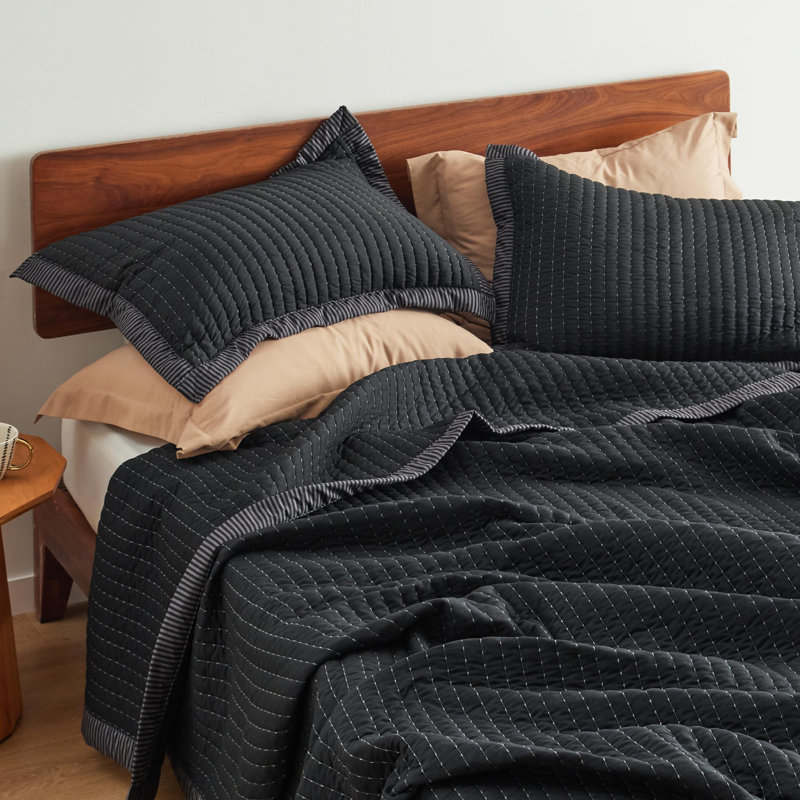 Ensemble de literie courtepointe légère et légère, Velours côtelé noir, King Quilt + 2 King Pillow Sham