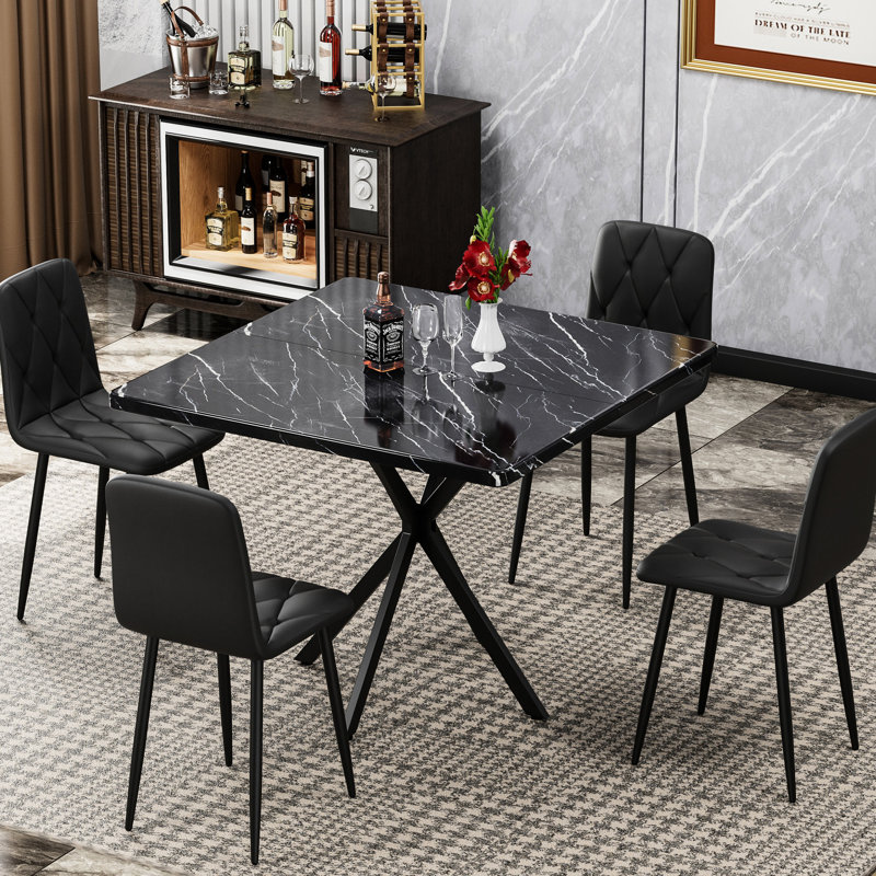 Table de cuisine carrée pour 4 personnes, surface en faux marbre, pieds en fer, table de salle à manger noire 4, supports, économie d'espace, chiffon en microfibre et meubles d'assemblage