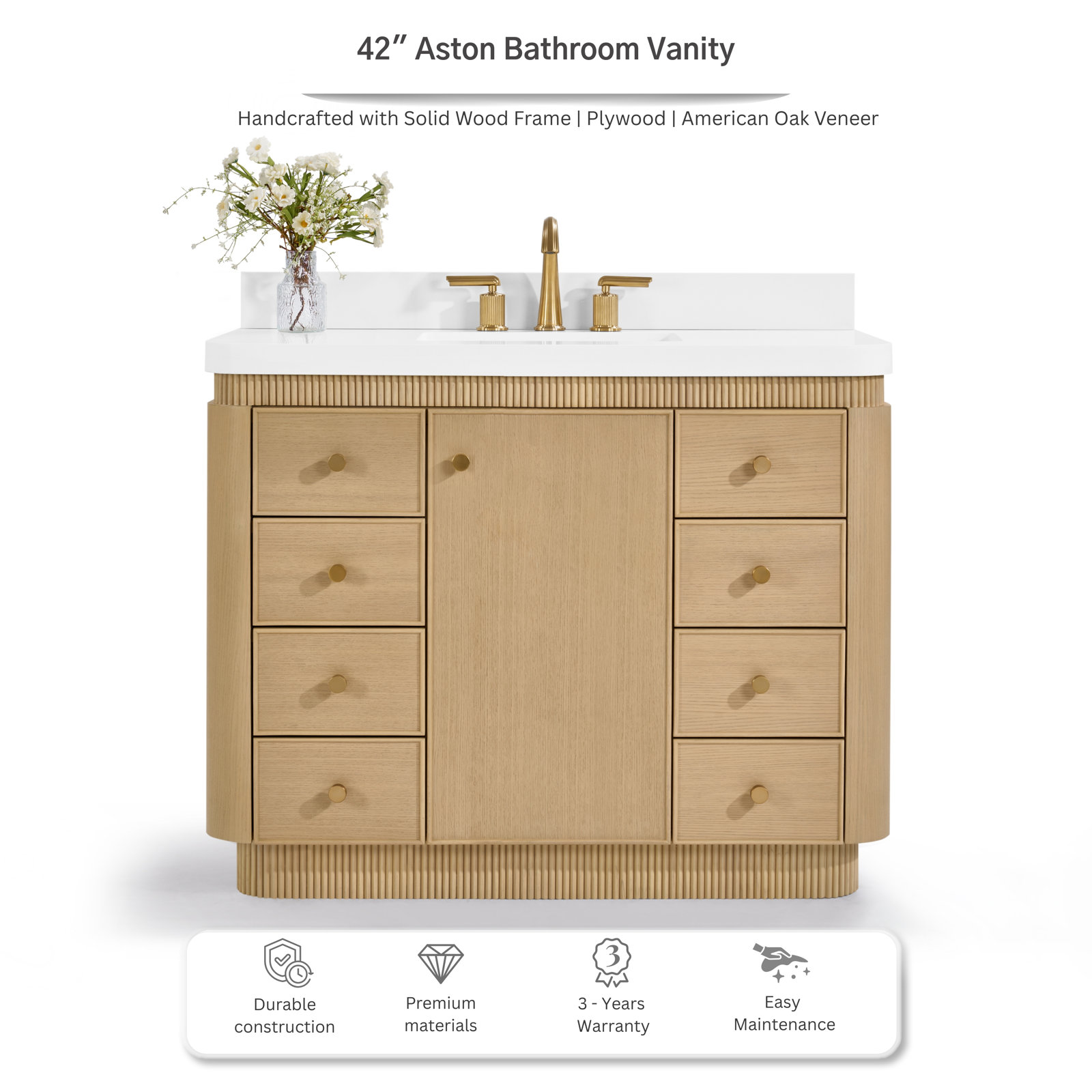 Aston Oak Single Bathroom Vanity, Natural Oak, 42 inch