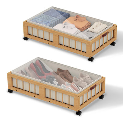 2-Pack Bamboo Under Bed Storage Containers With Wheels, Under Bed Clothes Storage Basket With Inner Bag, Rolling Underbed Storage For Bedroom, Dorm And Basement, 35L Nature