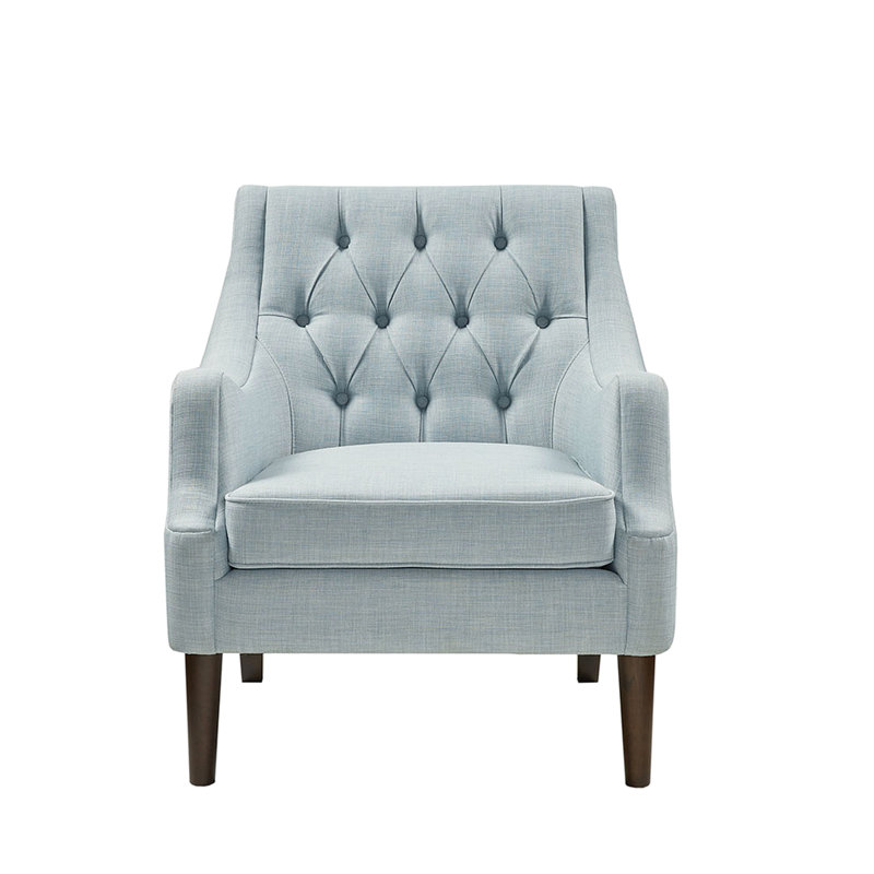 Chaise avec accoudoirs à boutons Dusty Blue, base en bois massif, mousse transitionnelle à coussin de mousse haute, revêtement,