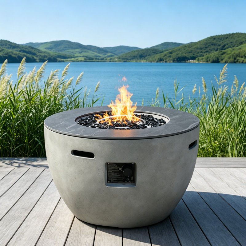 Table basse ronde pour foyer d'extérieur en composite - 50000 BTU avec couvercle en fer, brûleur en acier inoxydable et housse pour patio et jardin