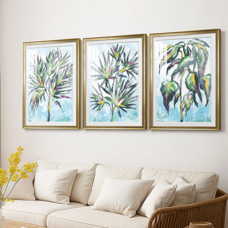 «Candy Palm Fresco II», reproduction sur mesure encadrée de qualité supérieure - 3 pièces, H 30 po x l 63 po, Doré