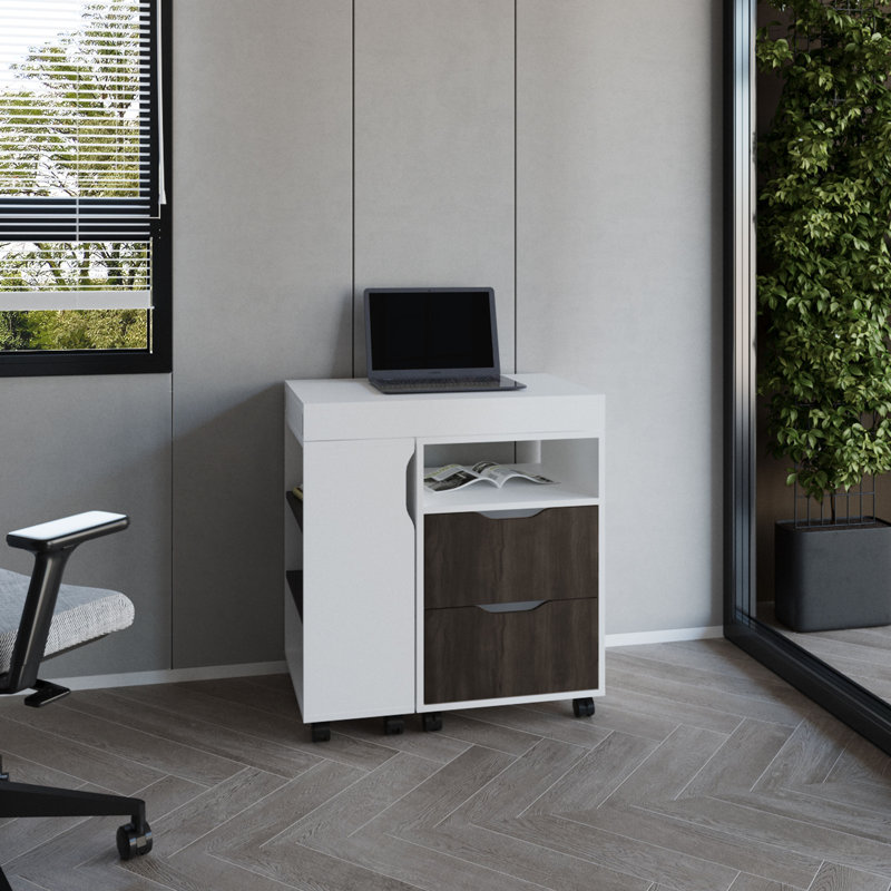 Bureau extensible Odessa, 2 tiroirs, 4 tablettes, 4 roulettes, blanc / noyer - Bureau
