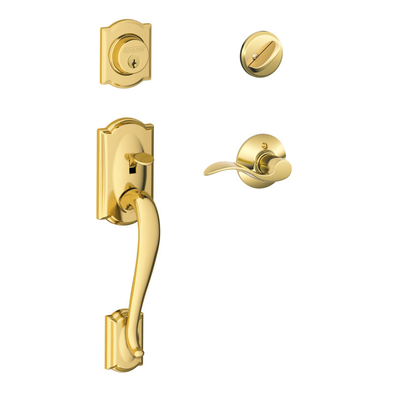 Camelot Handleset with Deadbolt and Accent Door Lever and Rosette, Lifetime Brass, Left