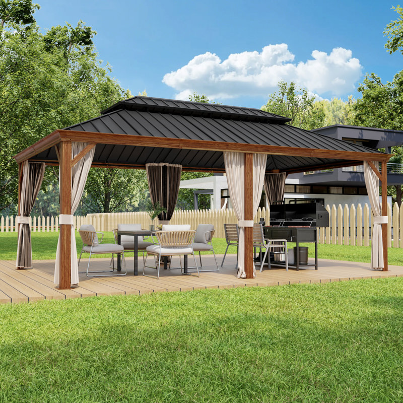 17.8 FT.W × 11.9 FT.D Outdoor 2-Tier Steel Hard Top Patio Gazebo with Total Mesh Protection, Wood Grain