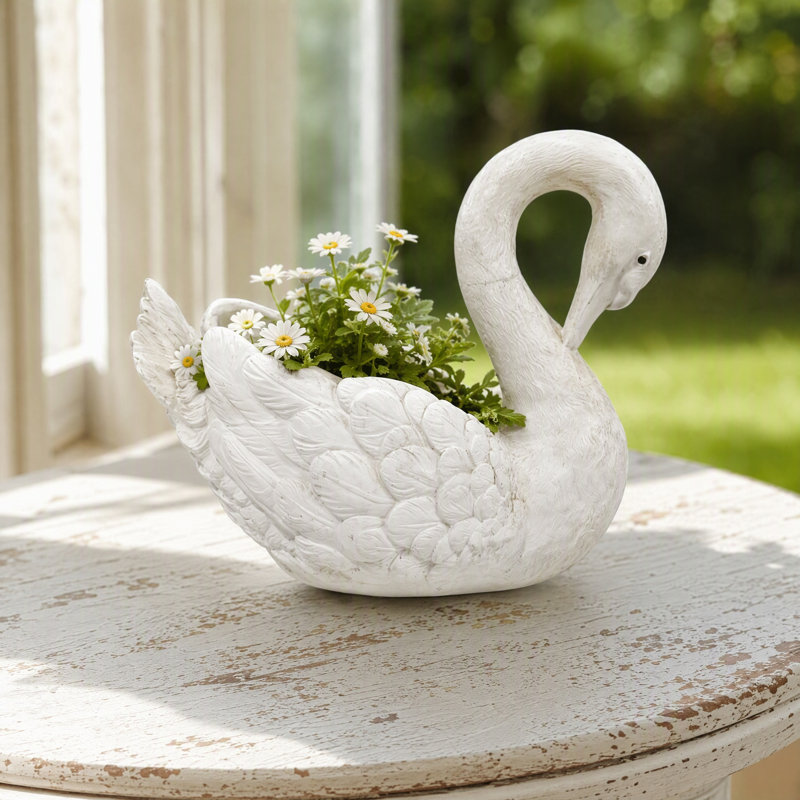 White Resin Swan Planter, Large Decorative Garden Statue, 12.8''