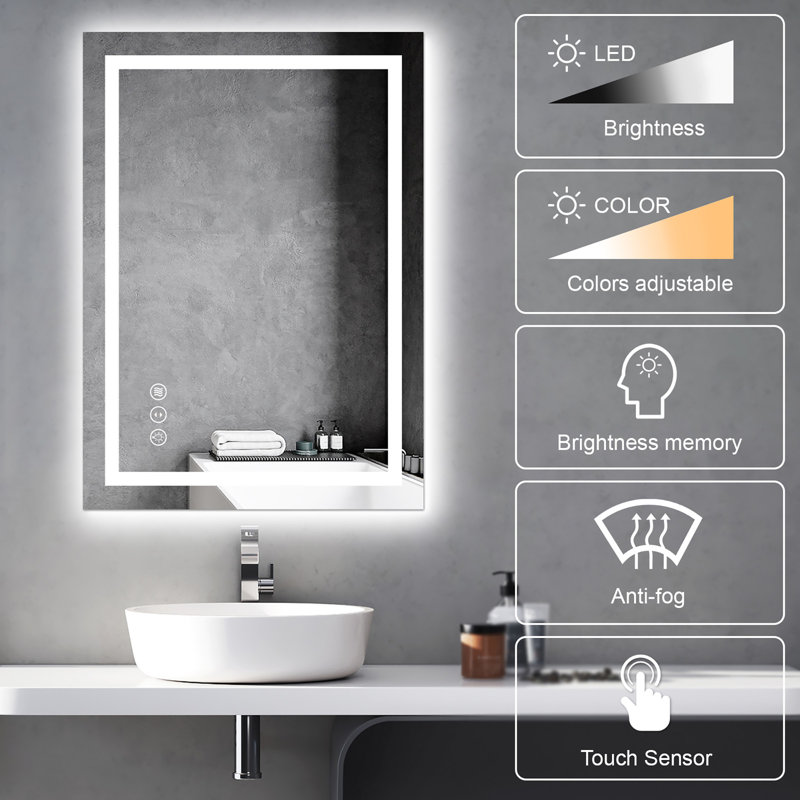 Miroir de salle de bain mural sans cadre à lumière antibuée avec réglage de la luminosité, 30,12 po x 21,85 po