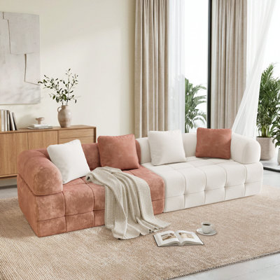 Canapé modulaire NOVA de 110 po, canapé 4 places en chenille désossée avec sièges profonds de 26 po, accoudoirs courbés, coussins moelleux et motif à blocs de couleur orange et beige