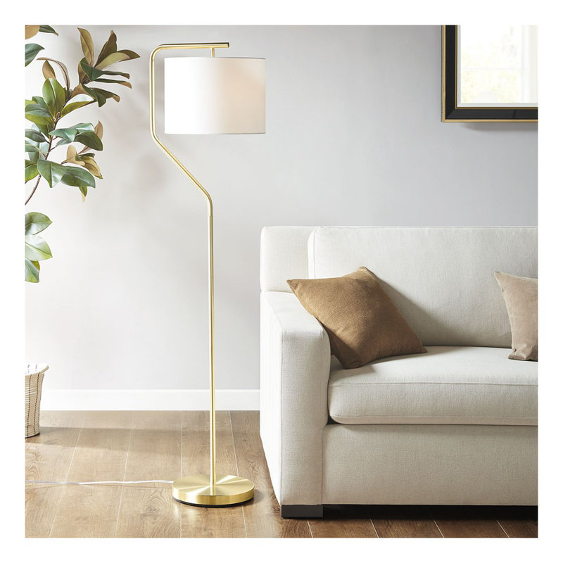 Lampe sur pied angulaire arquée en or avec abat-jour tambour blanc - Éclairage contemporain moderne pour le salon et la chambre à coucher avec ampoule DEL incluse