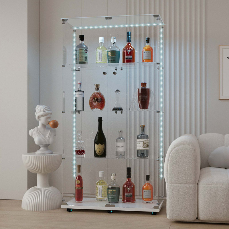 Tempered Glass Display Cabinet,Wine Cabinet, Storage Cabinet,File Cabinet,With Bluetooth LED Strip,Can Be Controlled By Remote Control Or Mobile APP,Swivel Casters,Can Be Placed Anywhere