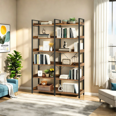 6-Tier Industrial Bookshelf, 67" Wooden Bookshelf With Open Shelves, Freestanding Metal Frame Bookcase For Storage And Display, Modern Book Shelves For Bedroom, Living Room And Home Office, Brown