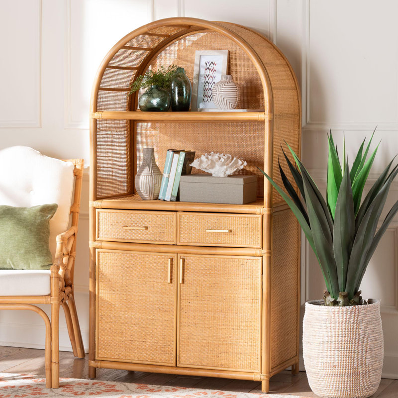 Bali & Pari Mairen Arched Natural Rattan Storage Cabinet -  Handwoven Pole Rattan Hutch With Two Drawers And Doors, Boho Coastal Display Cabinet For Dining Room Or Living Space