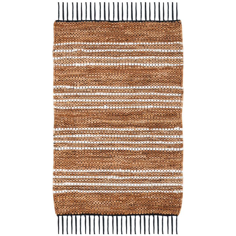 Preston Striped Hand-Woven Cotton/Leather/Jute Brown/Beige Area Rug, Rectangle 8' x 10'