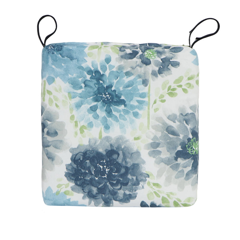Square Outdoor Chair Cushions (Set Of 2), White/Blue/Gardenia Cool Floral, 16" W x 16" D