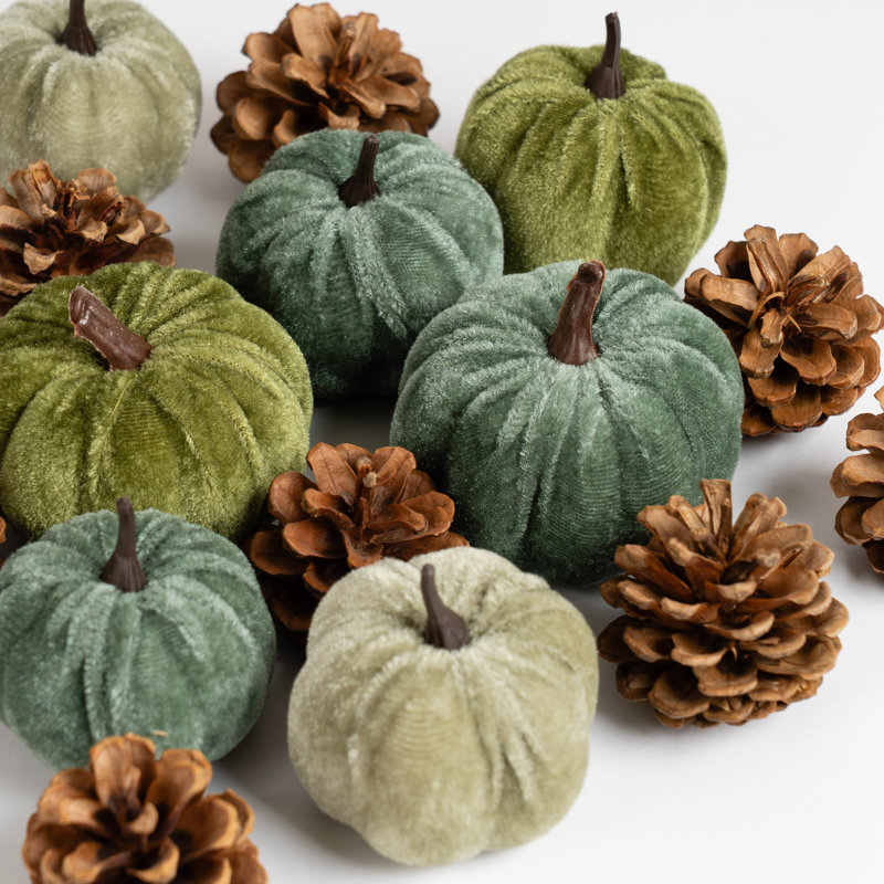 Set of Green Velvet Pumpkins and Pinecones