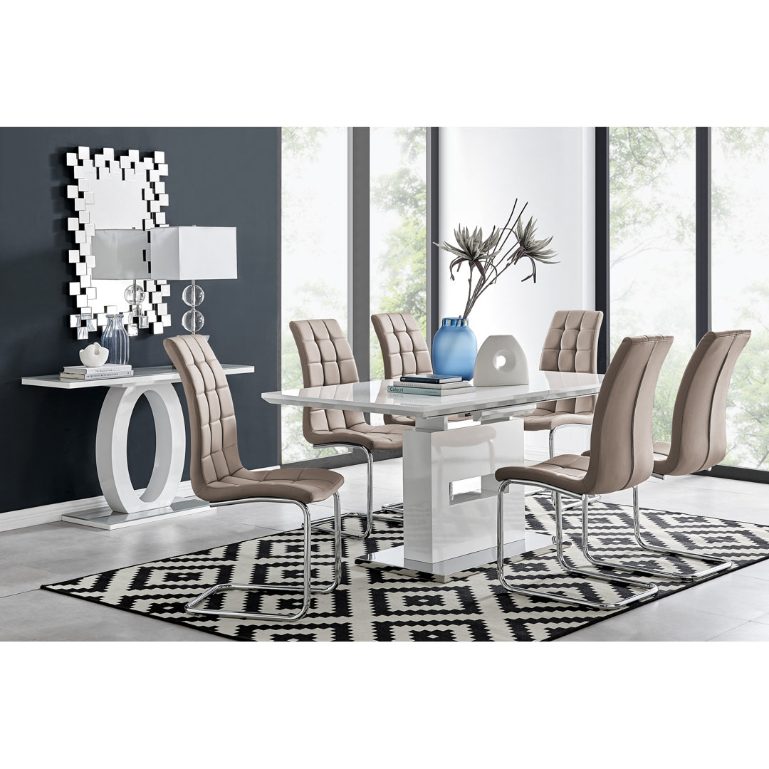 Alezzo Modern High Gloss Extendable Dining Table Set with 6 Modern FauxLeather Dining Chairs