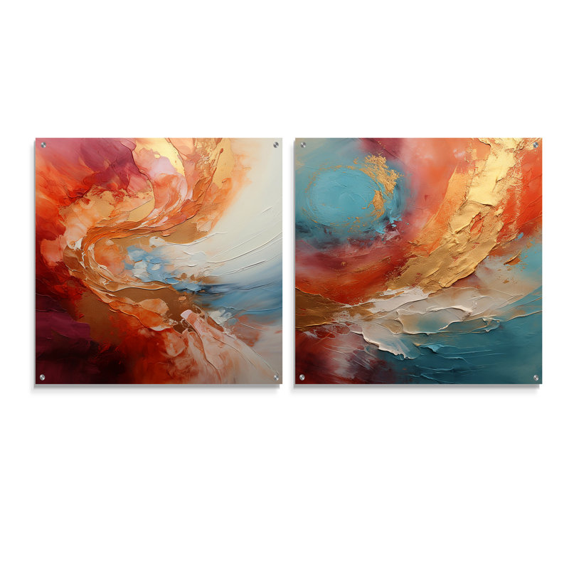 «Gold», rose, désert, mirage en spirale - ensemble de 2 peintures murales abstraites en acrylique, H 16 po x l 33 po