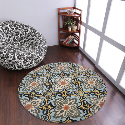Tapis ronds en laine touffetée à la main Linkwood - rond, bleu, motif floral moderne, tapis antidérapants faits à la main épais pour le salon, la chambre à coucher
