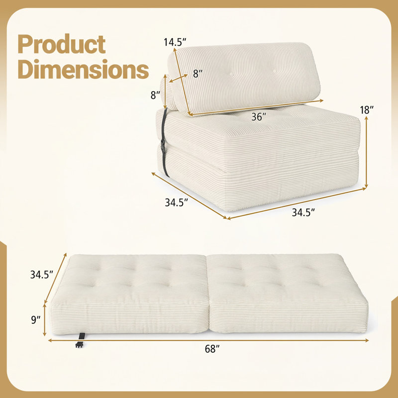 Canapé-lit convertible pliant, canapé-lit pliant, canapé de plancher pour chambre à coucher, Beige