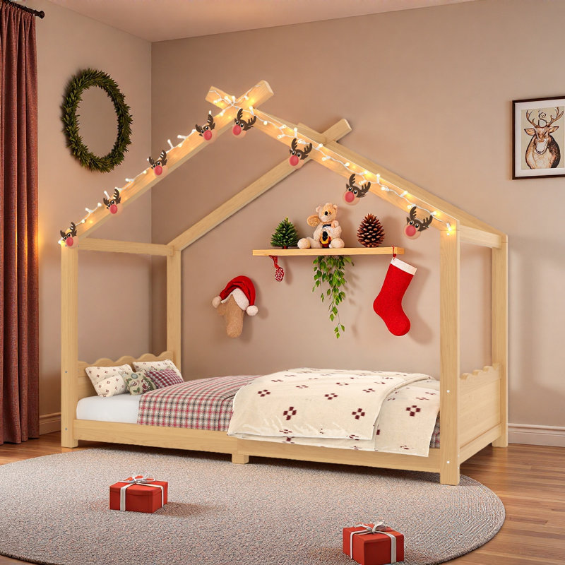 Lit de maison avec lattes de soutien, cadre de lit de maison en bois massif pour enfants, pas de sommier tapissier et structure d'ouverture