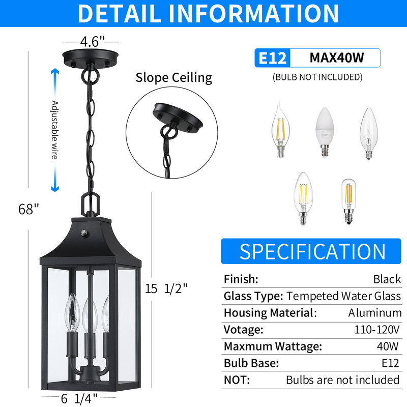 Large Outdoor Pendant Light Fixtures 3-light, 15'' Dusk To Dawn Exterior Hanging Lantern Porch Light Adjustable, Black Hanging Lamp Farmhouse Exterior Chandelier Ceiling Mount For Entrance Patio