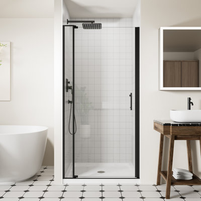 Porte de douche en verre pivotante sans cadre de 32 à 36 po x H 72 po avec verre trempé de 1/4 po et 5/16 po, portes de douche battantes avec butée anti-collision à 105 °, finition chromée, installation réversible