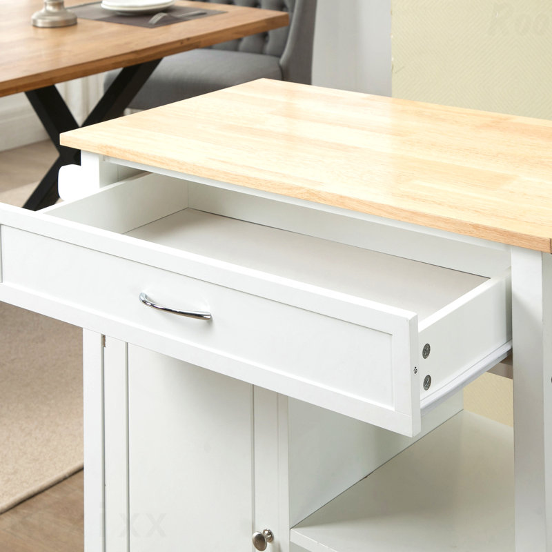 Chariot pour îlot de cuisine, îlot de cuisine avec rangement, plateau en bois massif, tiroir, pour la salle à manger