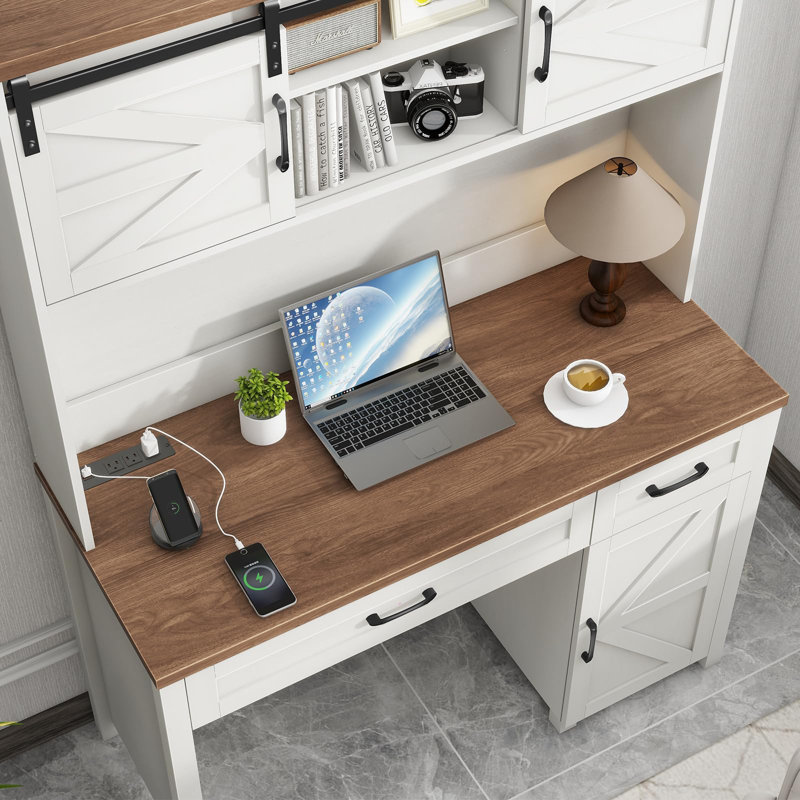 Bureau de direction 47 po, bureau d'ordinateur avec éclairage DEL Farmhouse, Brun / Blanc