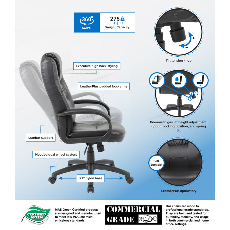 Black High Back Leather Executive Swivel Chair with Fixed Arms