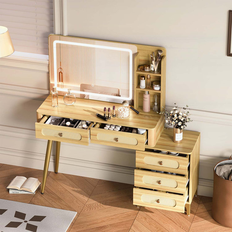 Coiffeuse 47 po avec miroir, lumières, 5 tiroirs et tablette de rangement rétro, design rotin, luminosité réglable, naturel