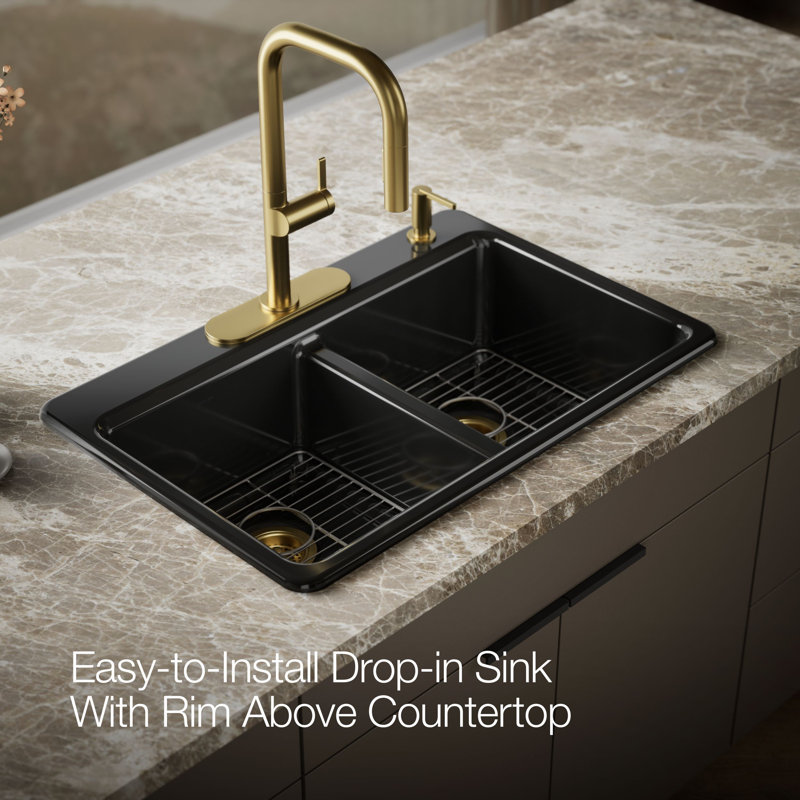 Riverby 33 In. Top-Mount Double-Bowl Kitchen Sink, 3 hole, Black, Large/medium bowls