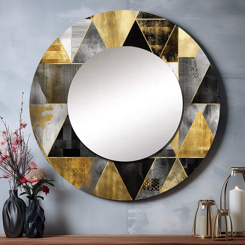 Okkel Gold géométrique ordre II - grand miroir géométrique, miroir mural rond doré, art imprimé en métal, 29 po x 29 po