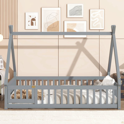 Twin Tent-Shaped Floor Bed,Teepee Bed With Guardrails,Slats And Door
