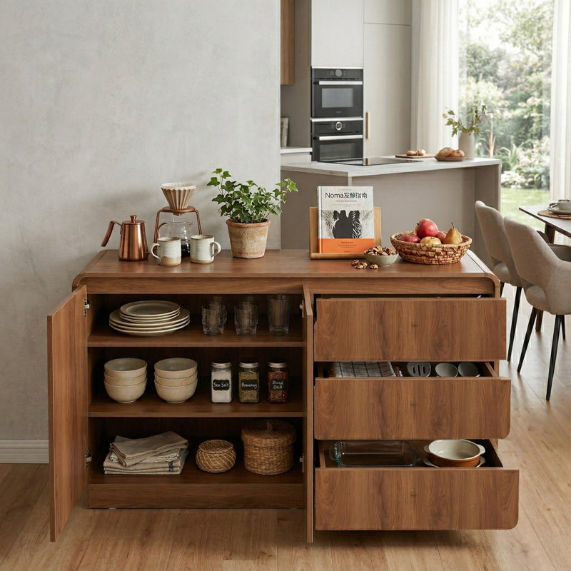 Buffet incurvé moderne de 55,1 po de largeur avec 2 portes et 3 tiroirs