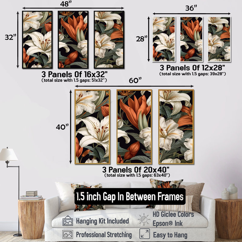 «Soft Colors Lilies Collage», ensemble d'art mural sur toile Lily, Cadre flottant doré, H 28 po x l 36 po x P 1 po