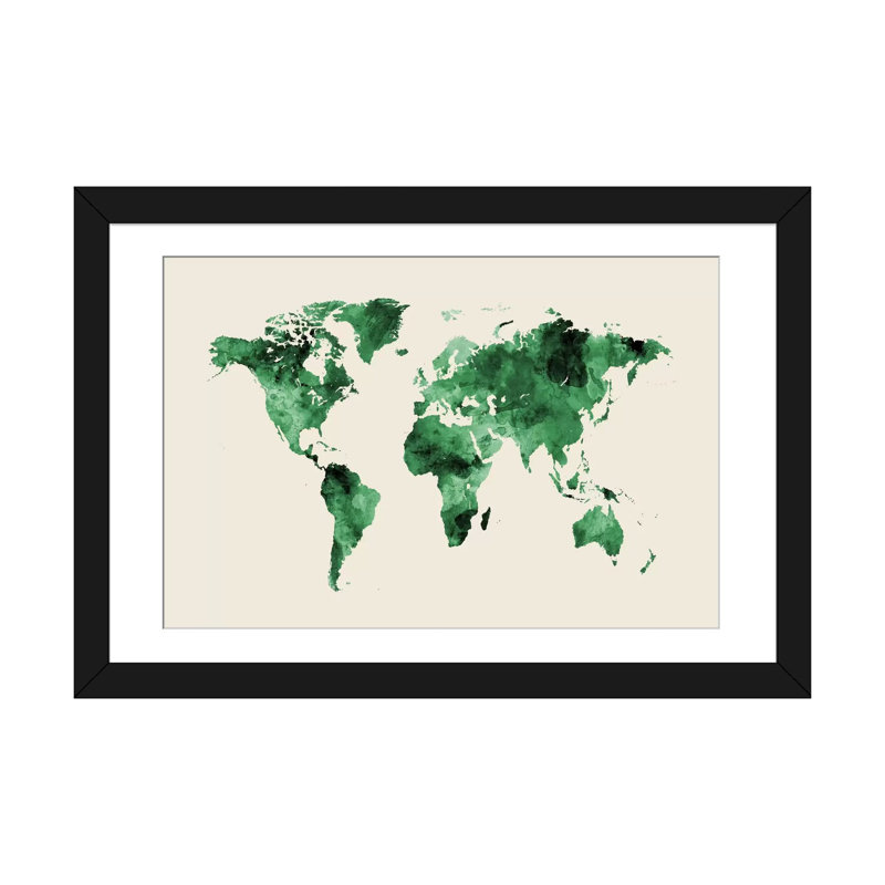 Carte du monde : teintes de vert (l/o antarctique), impression sur toile tendue beige, Papier d'art encadré noir, Blanc