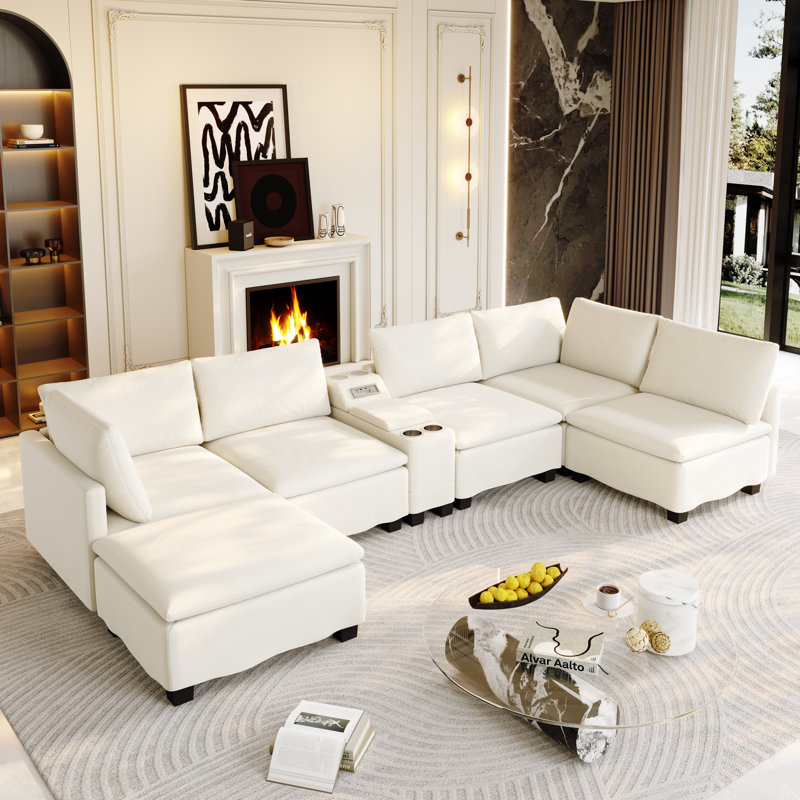 Canapé modulaire en nuage de 121 po de large avec console intelligente, canapé-lit convertible en forme de U avec haut-parleur Bluetooth, ports USB / type-c, rangement caché et 6 coussins décoratifs