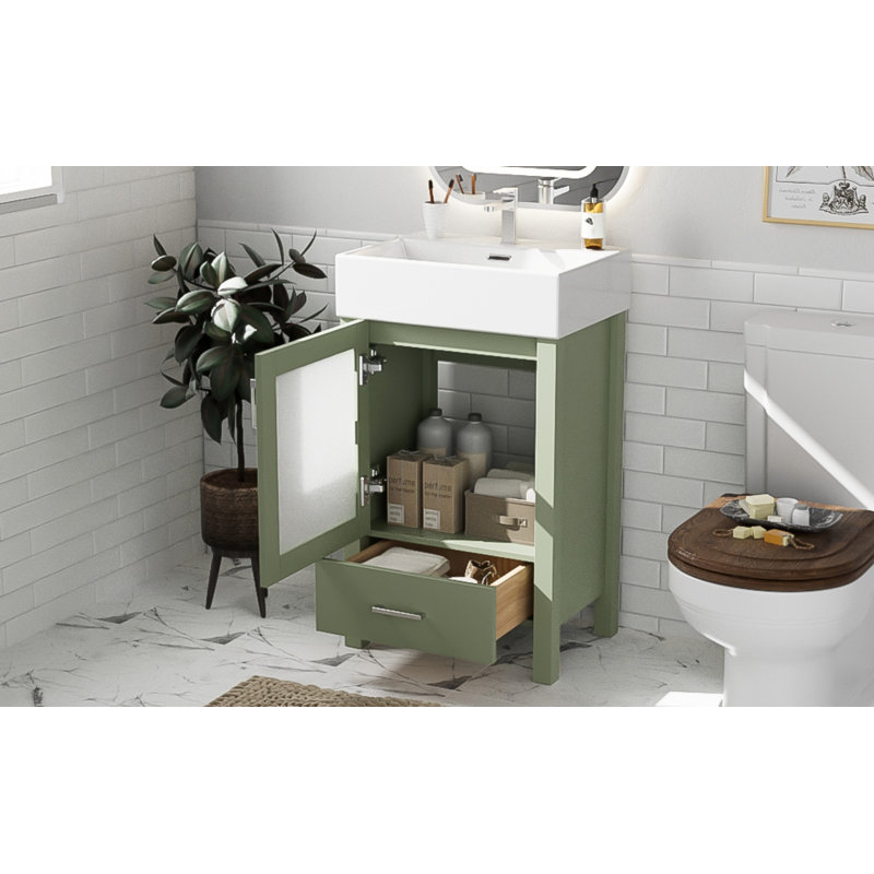 Meuble-lavabo avec lavabo en céramique et tiroir, Vert