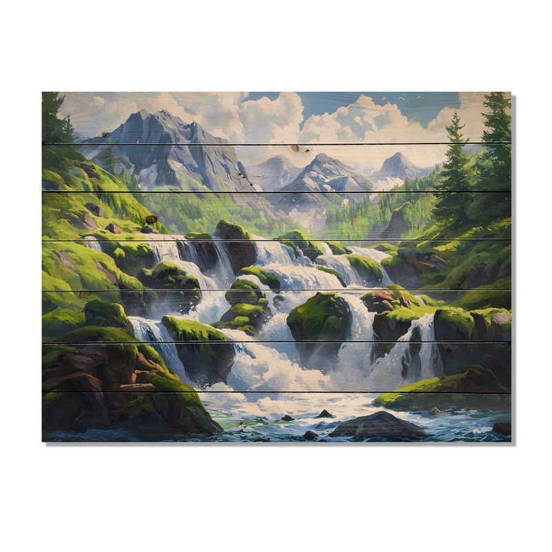Cascade d'eau à Washington II - Art mural traditionnel sur bois de pin naturel, H 10 po x l 20 po