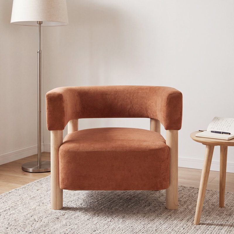Lejon Boucle Upholstered Accent Chair With Rubberwood Legs, Natural Wood,  Burnt Orange