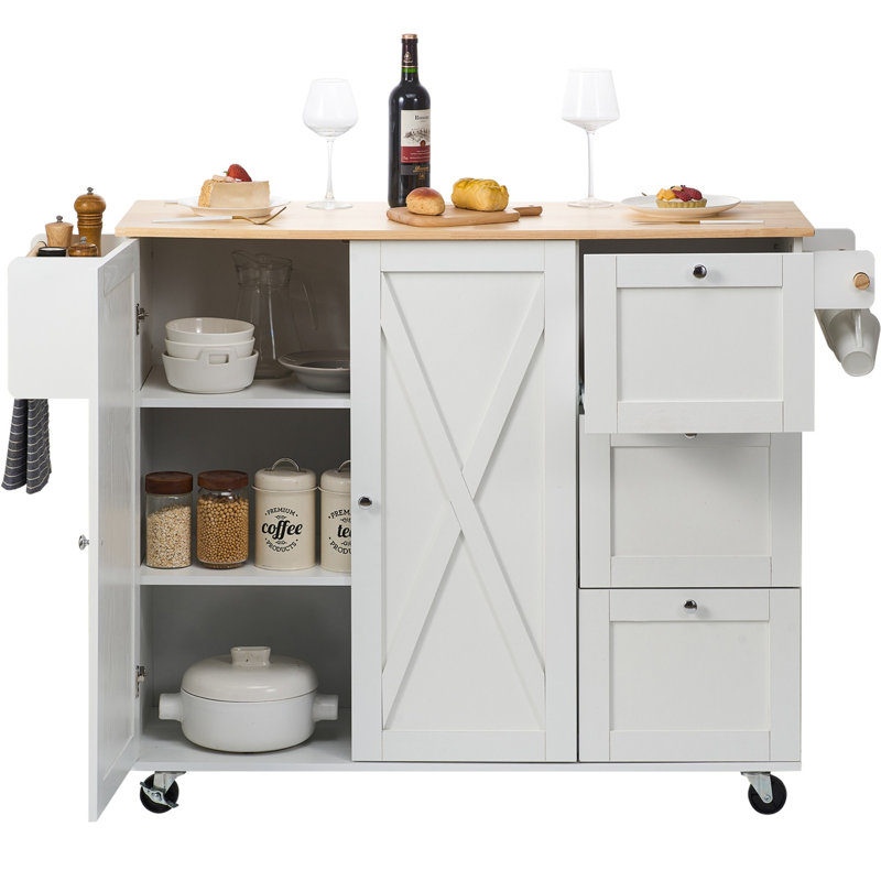 Kitchen Island Cart Rolling Storage Cabinet on Wheel with Drawer & Shelves, White