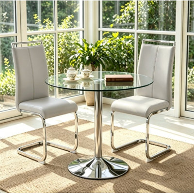 3-Piece Round Glass Dining Set with Chrome Base, 2 Faux Leather Cantilever Chairs, Modern Kitchen Table Set for Small Spaces & Apartments