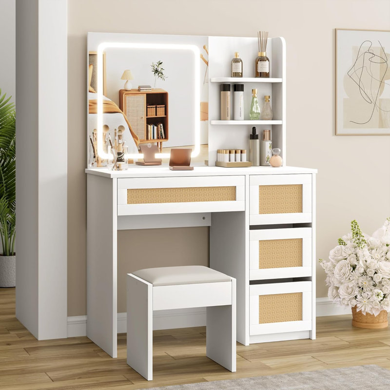 Rattan Vanity Desk, Makeup Vanity Table With Adjustable LED Light And Mirror, Large Storage Space With 4 Drawers And 2 Tiers Of Open Shelves For Bedroom In White